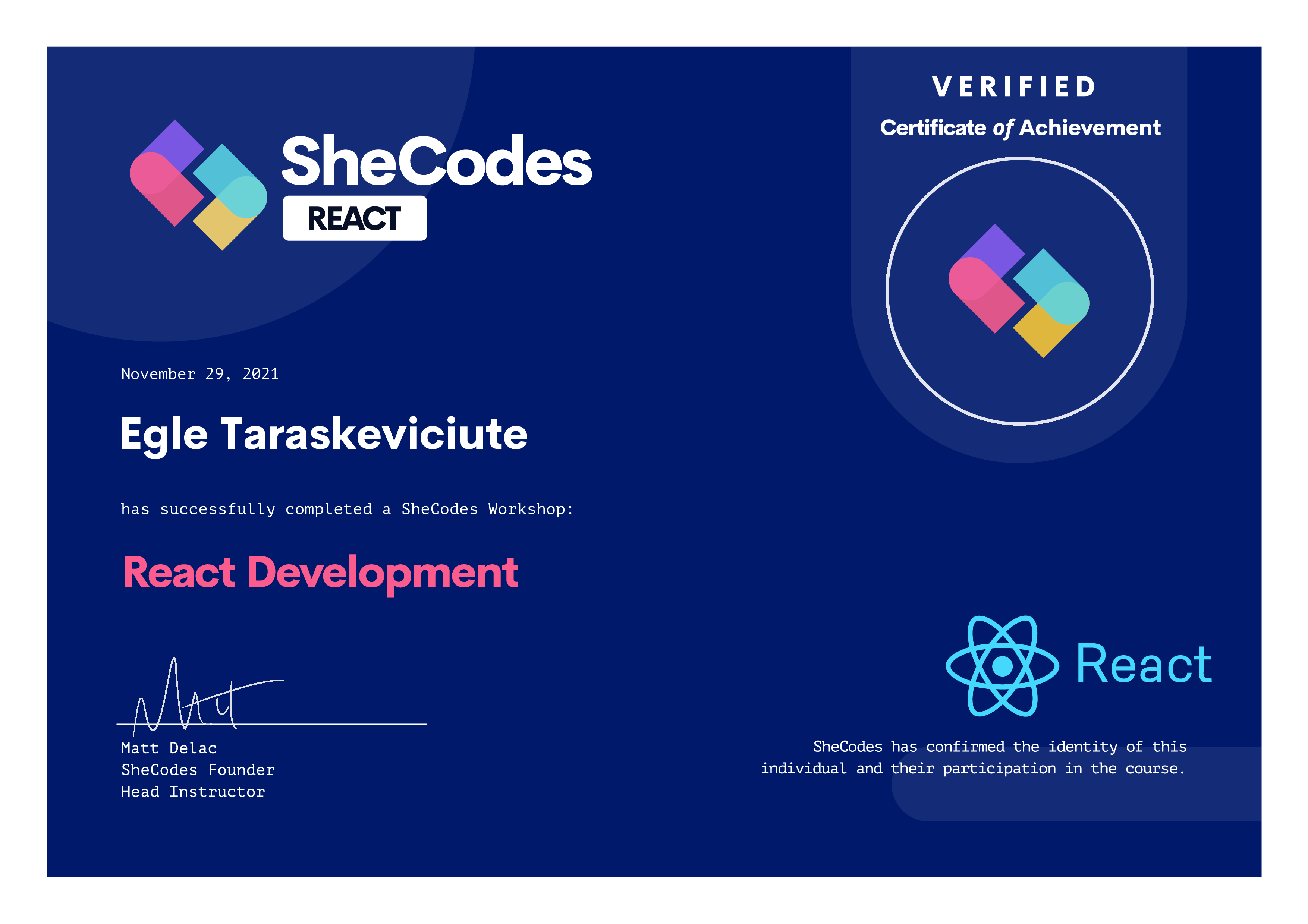 SheCodes REACT certificate of completion